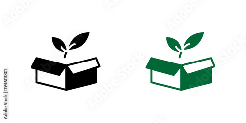 Minimal black and white outline icon set. of open box with leaves. Eco friendly packaging, sustainable product, green business and environmental concept.
