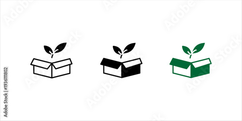 Minimal black and white outline icon set. of open box with leaves. Eco friendly packaging, sustainable product, green business and environmental concept.