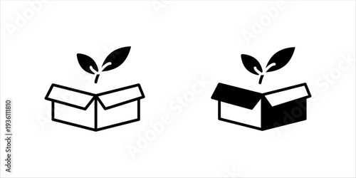 Minimal black and white outline icon set. of open box with leaves. Eco friendly packaging, sustainable product, green business and environmental concept.