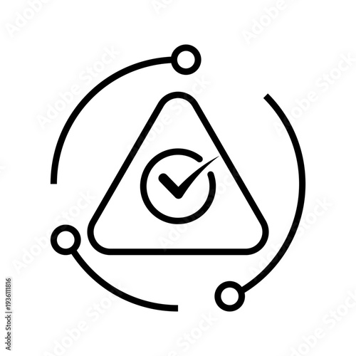 Minimal black and white outline icon of check mark inside triangle with circular process arrows. Quality assurance, validation, risk management and process control concept.