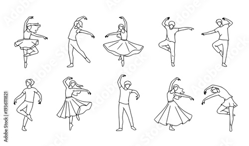 Minimalist Dancing People Outline Vector – Thin Line Happy Women and Men Movement Illustration Set
