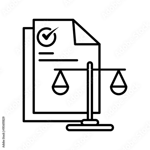 Minimal outline icon of official document with scale of justice. Legal compliance, regulation, contract law, corporate governance and documentation concept.