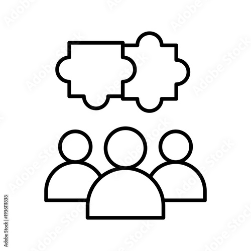 Minimal outline icon of group of people with puzzle pieces. Teamwork, collaboration, partnership, business cooperation and problem solving concept.