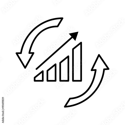 Black and white outline icon of bar chart with circular arrows. Business growth, performance improvement, financial progress and continuous development concept.