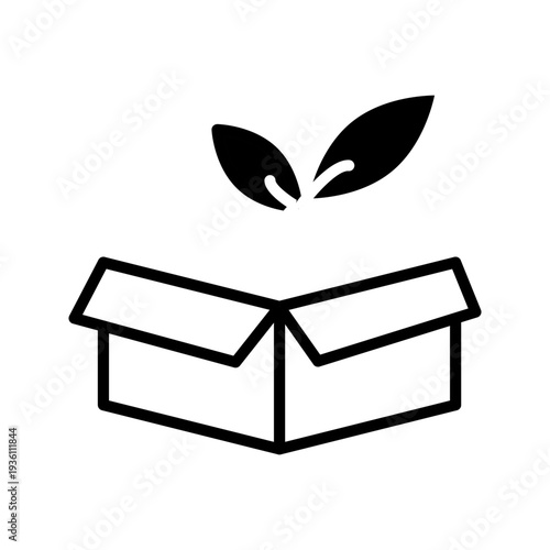 Minimal black and white outline icon of open box with leaves. Eco friendly packaging, sustainable product, green business and environmental concept.