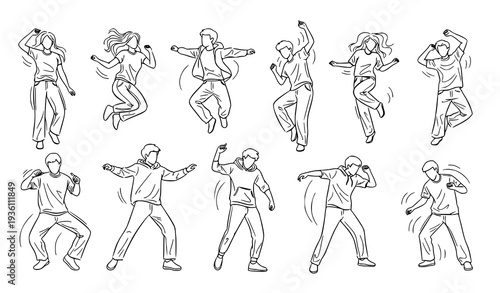 Hand Drawn Linear Dancing Figures Vector Set – Happy Jumping People Thin Line Outline Art