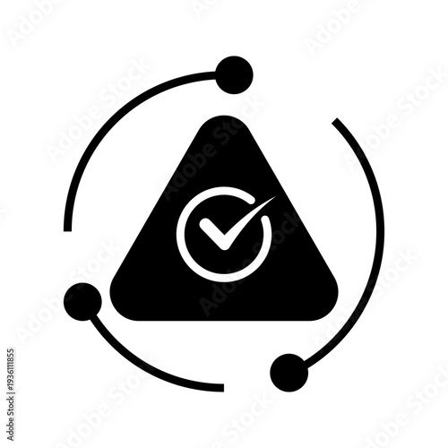 Minimal black and white outline icon of check mark inside triangle with circular process arrows. Quality assurance, validation, risk management and process control concept.