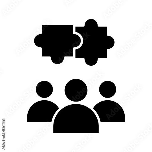 Minimal outline icon of group of people with puzzle pieces. Teamwork, collaboration, partnership, business cooperation and problem solving concept.