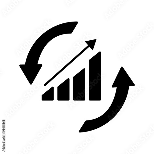 Black and white outline icon of bar chart with circular arrows. Business growth, performance improvement, financial progress and continuous development concept.