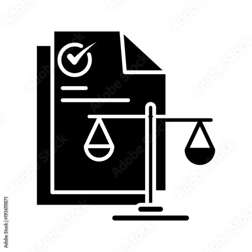 Minimal outline icon of official document with scale of justice. Legal compliance, regulation, contract law, corporate governance and documentation concept.