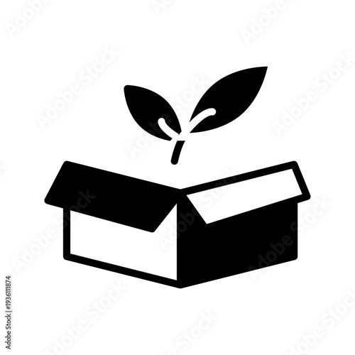 Minimal black and white outline icon of open box with leaves. Eco friendly packaging, sustainable product, green business and environmental concept.
