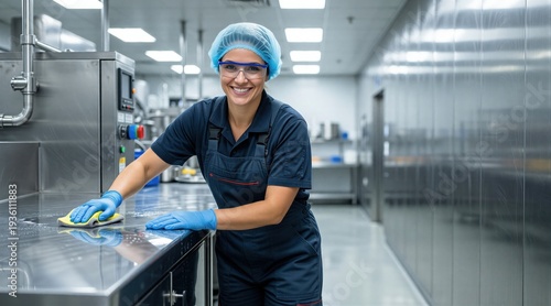 Female Factory Worker Cleaning Stainless Steel Table with Copy Space 