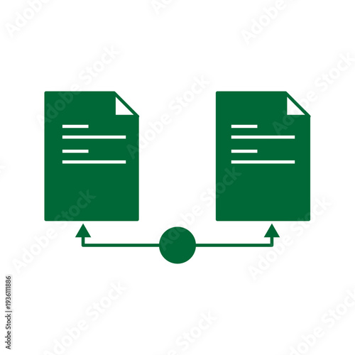 Minimal outline icon showing two documents connected by arrows and a central node, representing file synchronization, document sharing, data transfer, and version control. Suitable for cloud storage, 