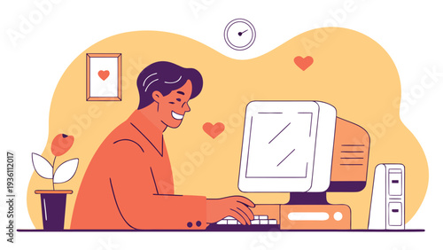 A happy middle aged man wearing an orange shirt types on a retro desktop computer while small red hearts and a wall clock decorate his workspace.
