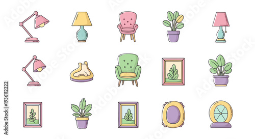Illustrated home decor elements on white