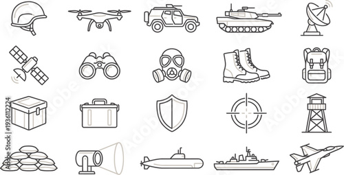 Collection of military and defense equipment line art icons representing various tactical assets and gear.