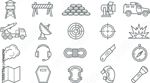 Collection of military and tactical line icons representing defense equipment, vehicles, and essential gear.
