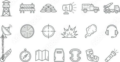 Collection of military and security operation line icons featuring tactical equipment and defense structures.