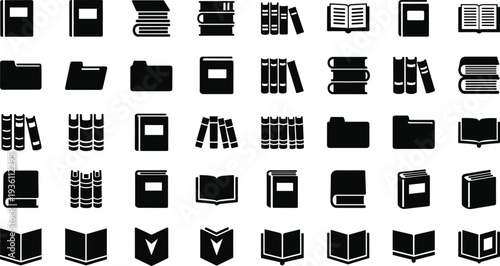 Book library icons collection black silhouette reading education literature knowledge study school archive folder document stack open closed vector set