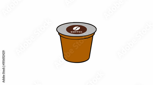 Single Serve Coffee Pod in Brown With Silver Lid and Coffee Bean Symbol On White Background