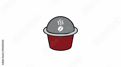 Single Red Coffee Pod with Steaming Gray Lid Featuring a White Coffee Bean Icon on a White Background.