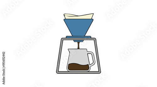 Blue Pour Over Coffee Maker Dripping Dark Brewed Coffee into a Glass Carafe on a Minimalist Stand against a White Background