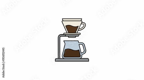 Pixel Art Coffee Dripper Making Hot Beverage in Glass Carafe With White Background