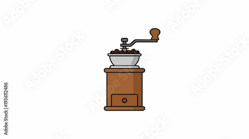 Vintage Manual Coffee Grinder With Wooden Base and Metal Crank Filled With Coffee Beans Isolated on White Background