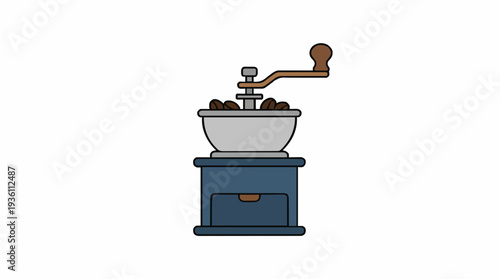 Vintage Manual Coffee Grinder with Wooden Handle Filled with Coffee Beans on White Background