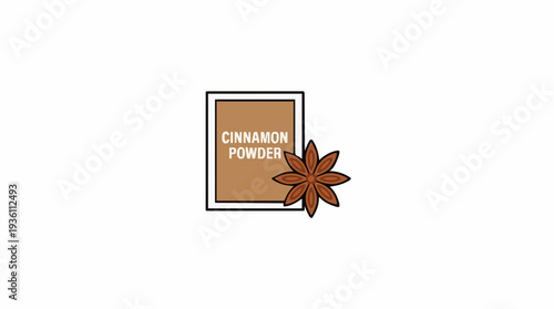 Cinnamon powder in a cardboard box next to a star anise spice isolated on a white background