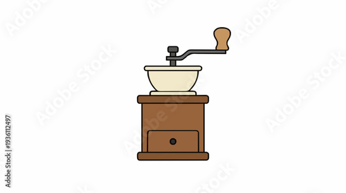 Vintage Wooden Coffee Grinder with Cream Bowl and Metal Crank on White Background Detailed Object Illustration