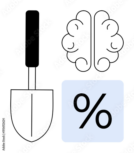 Agriculture, mental effort, data analysis, resource management, decision-making, problem-solving. Trowel, brain outline and percentage symbol on white backdrop. Mental effort and agriculture-related
