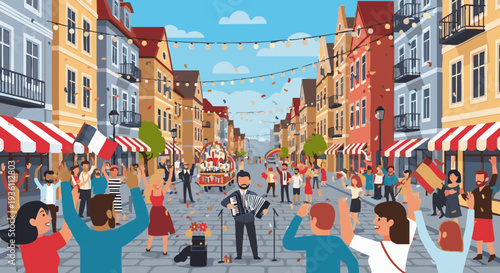 Vector illustration of a crowd celebrating a festival on a colorful European city street.