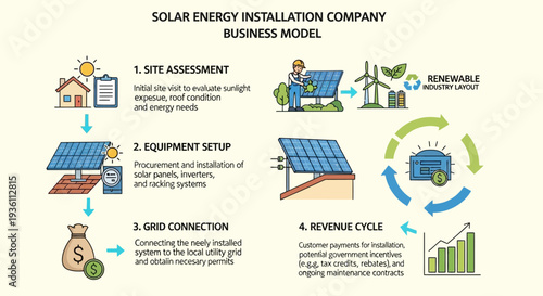 Solar energy installation company business model illustration representing renewable power service workflow, customer lifecycle and sustainable technology deployment framework