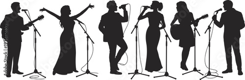 Concert, silhouettes, musicians, singers, guitars, microphones, performance, stage, live, music, band, entertainment, collaboration, rhythm, energy, audience, show, artistic, dynamic, silhouette