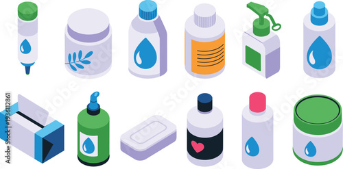 Flat vector set of cosmetic bottles, skincare containers, personal care packaging icons isolated on light background illustration collection