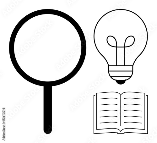 Research concept. Research symbols thumbs up a magnifying glass, light bulb, and open book conveying analysis, innovation, and learning. Research applications in education, creativity