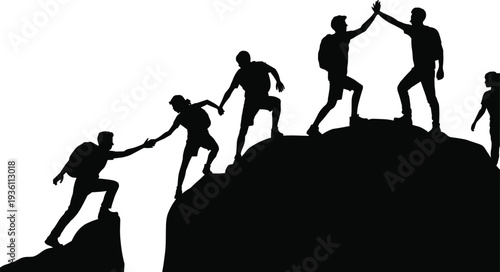 Teamwork, climbing, silhouettes, mountain, support, cooperation, achievement, outdoor, adventure, hiking, success, unity, helping, leadership, group, strength, 