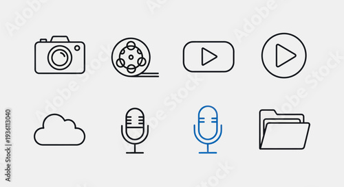 Media icons set on white background