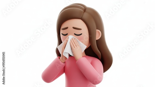 3d cartoon girl blowing nose with tissue character