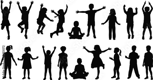 Children, silhouettes, playful, jumping, standing, seated, meditation, mindfulness, activity, posture, 