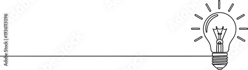 Continuous One Line Drawing of Glowing Light Bulb Vector, Minimalist Idea Concept Art, Creative Innovation Symbol with Long Horizontal Line for Text Placement