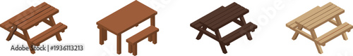 Isometric wooden picnic table set, outdoor furniture bench collection, park garden seating illustration, rustic wood table design icons