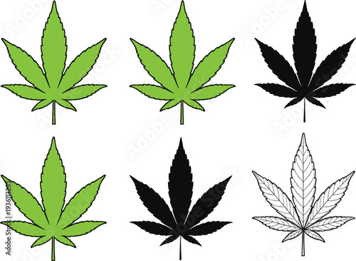 Vector Set of Cannabis Leaves, Green and Black Marijuana Leaf Silhouettes and Line Art for Medical, Herbal, and Botanical Graphic Design Elements