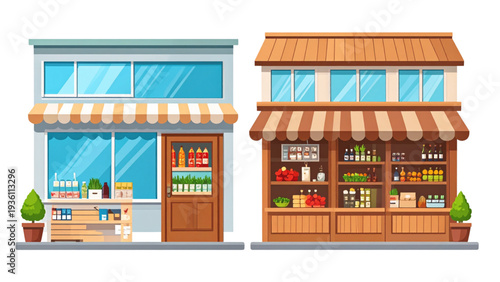 Local grocery and small shop storefront buildings set with people isolated on white background modern vector illustration