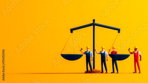 economic justice concept, group of workers holding symbolic balance scale, fair pay metaphor