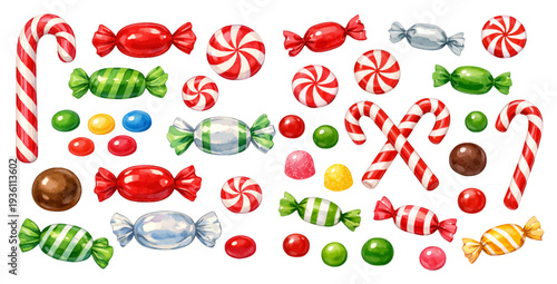 A charming watercolor collection of Christmas candies including candy canes, wrapped sweets, and peppermint candies for holiday design and festive illustrations.