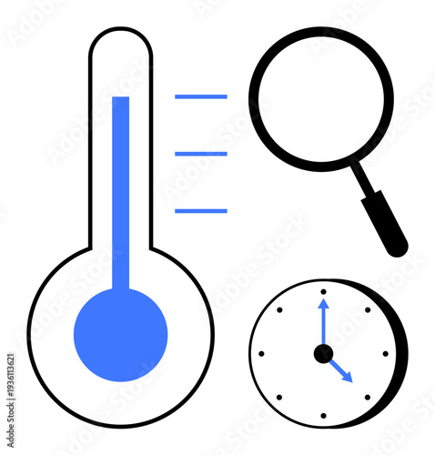 Measurement concept. Measurement tools including a thermometer, magnifying glass, and timer for analysis and evaluation. Measurement crucial for accuracy and efficiency. For science, research