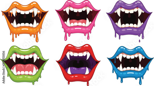 Set of colorful dripping vampire mouths with sharp fangs in orange pink purple green red and blue for Halloween horror.