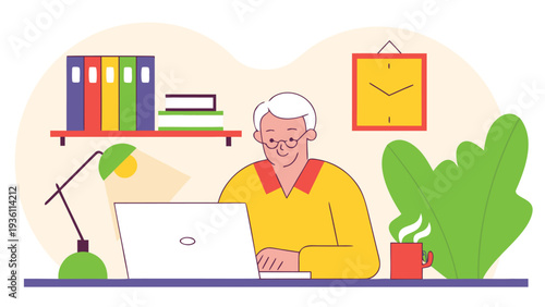 A senior man with white hair and glasses wearing a yellow sweater works on a white laptop at a desk with a green lamp and a steaming red mug.